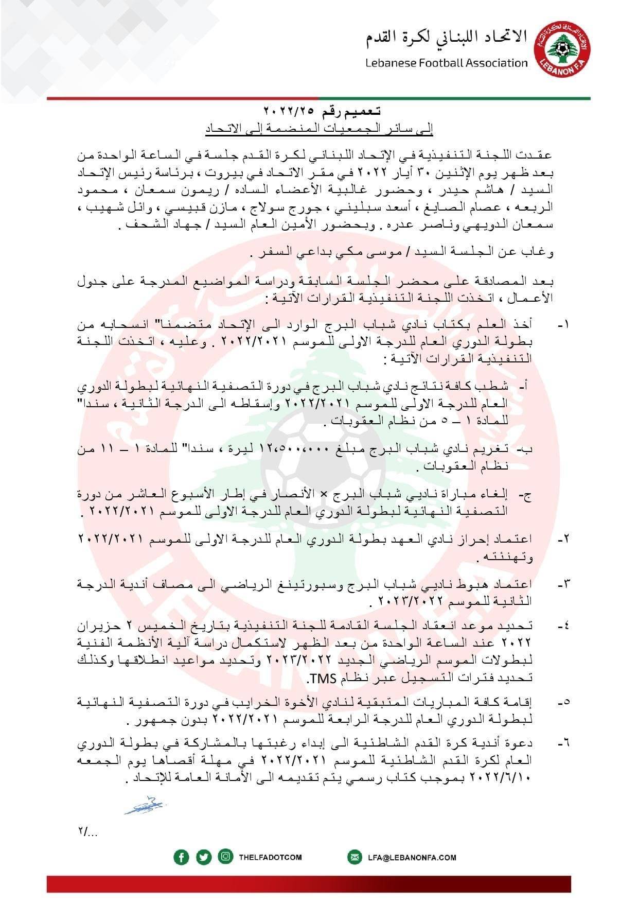 Football Lebanon - عقوبات وتغريم شباب البرج