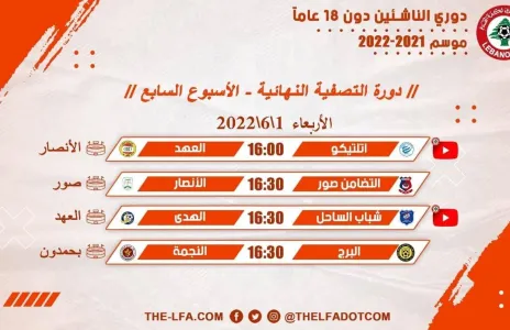 Football Lebanon - جدول مباريات الأسبوع السابع لدوري الناشئين دون 18 عام