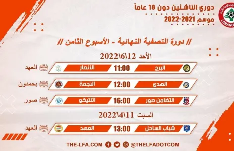 Football Lebanon - جدول مباريات الأسبوع الثامن لدوري الناشئين دون 18 عاماً