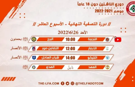 Football Lebanon - مباريات الأسبوع العاشر لدوري الناشئين دون 18 عاماً