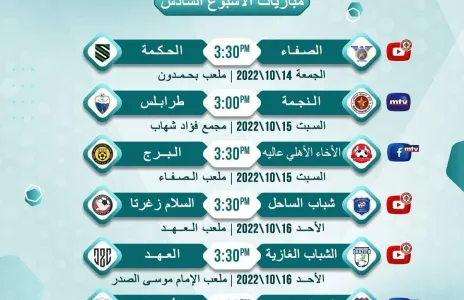 Football Lebanon - مواعيد مباريات الجولة السادسة من الدوري اللبناني للدرجة الأولى