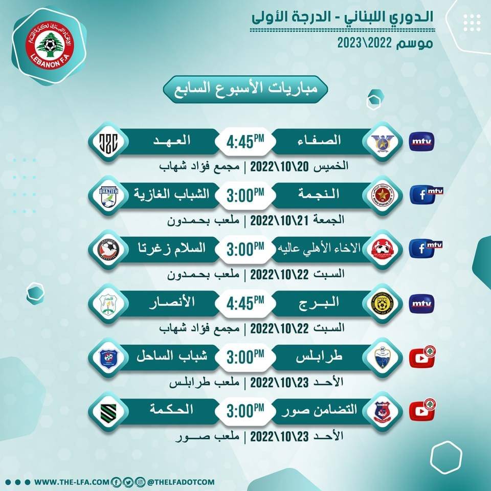 Football Lebanon - مواعيد مباريات الجولة السابعة من دوري الدرجة الأولى