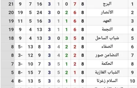 Football Lebanon - ترتيب البطولة بعد الجولة الثامنة