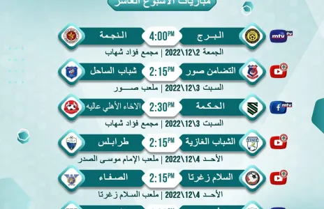 Football Lebanon - مواعيد مباريات الجولة العاشرة