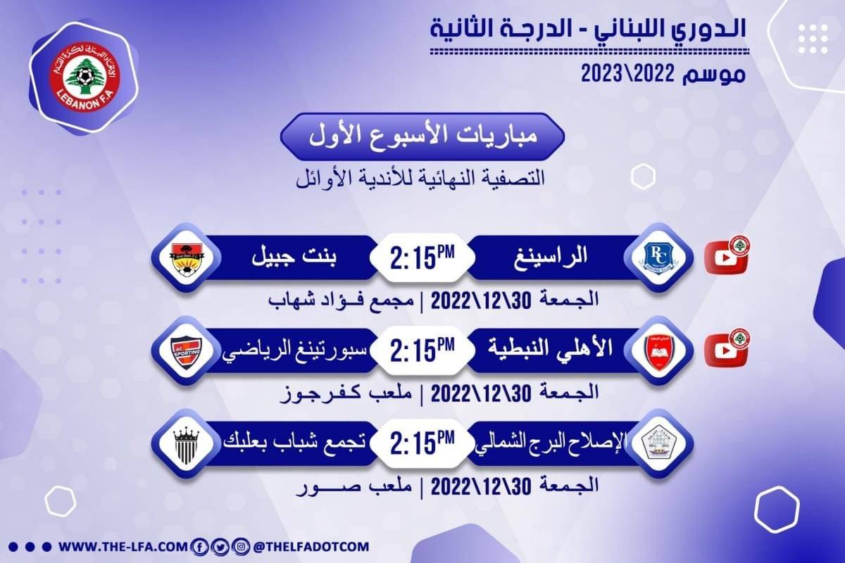 Football Lebanon - مواعيد مباريات الجولة الأولى من دورة التصفية النهائية للأندية الأوائل