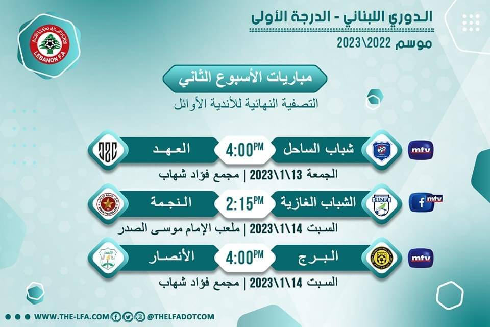 Football Lebanon - مواعيد مباريات الأسبوع الثاني من التصفية النهائية للأندية الأوائل