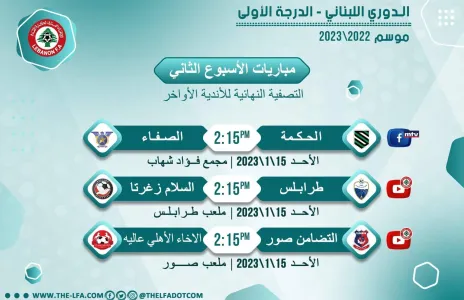 Football Lebanon - مواعيد مباريات الأسبوع الثاني من التصفية النهائية للأندية الأواخر