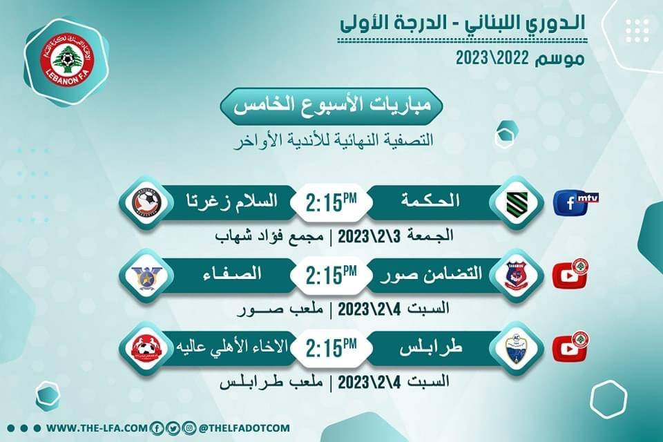 Football Lebanon - مواعيد مباريات الأسبوع الخامس والأخير من مرحلة الذهاب لدورة التصفية النهائية للأندية الأواخر