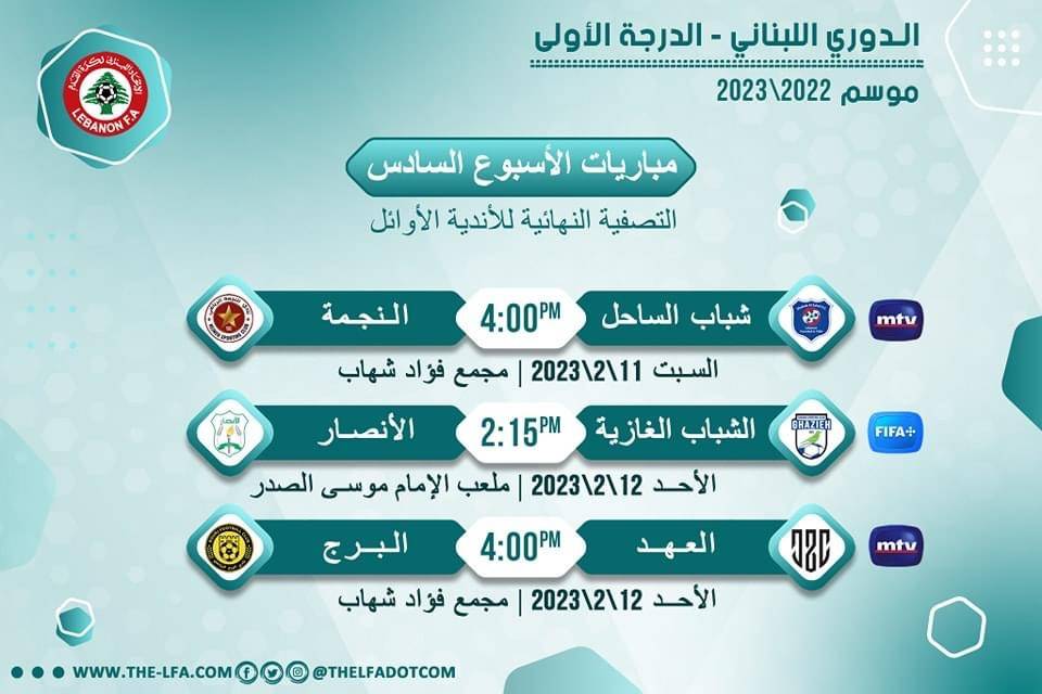 Football Lebanon - مواعيد مباريات الأسبوع السادس من دورة التصفية النهائية للأندية الأوائل