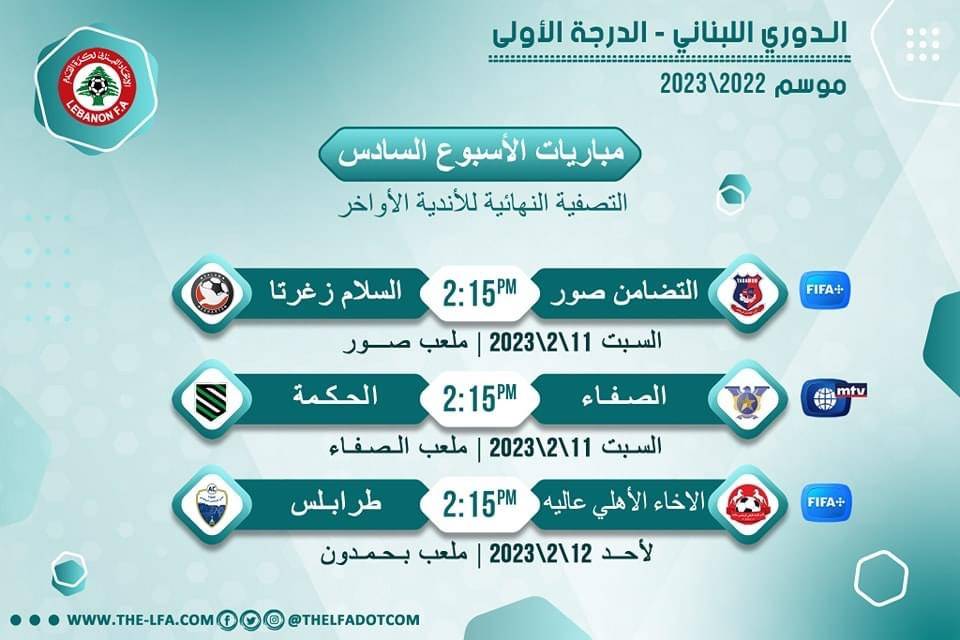Football Lebanon - مواعيد مباريات الأسبوع السادس من دورة التصفية النهائية للأندية الأواخر