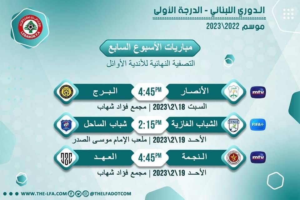 Football Lebanon - مواعيد مباريات الأسبوع السابع للأندية الأوائل لدوري الدرجة الأول
