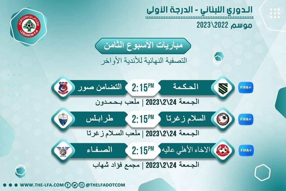Football Lebanon - مواعيد مباريات الأسبوع الثامن من دورة التصفية النهائية للأندية الأواخر