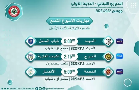 Football Lebanon - مواعيد مباريات الأسبوع التاسع