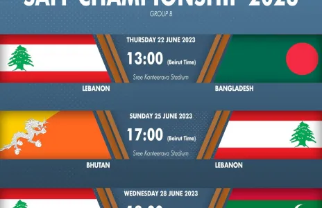 Football Lebanon - مواعيد مباريات منتخب لبنان ضمن منافسات المجموعة الثانية لبطولة جنوب آسيا - الهند 2023