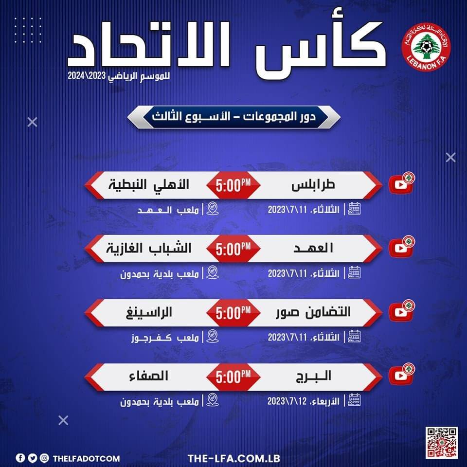 Football Lebanon - مواعيد مباريات الجولة الثالثة من دور المجموعات لبطولة كأس الاتحاد