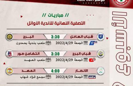 Football Lebanon - جدول مباريات الأسبوع التاسع من التصفية النهائية للأندية الأوائل