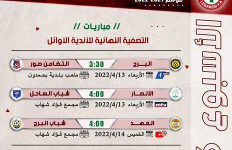 Football Lebanon - جدول مباريات الأسبوع السادس من التصفية النهائية للأندية الأوائل