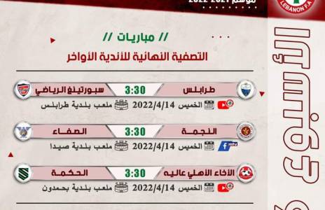 Football Lebanon - جدول مباريات الأسبوع السادس من التصفية النهائية للأندية الأواخر
