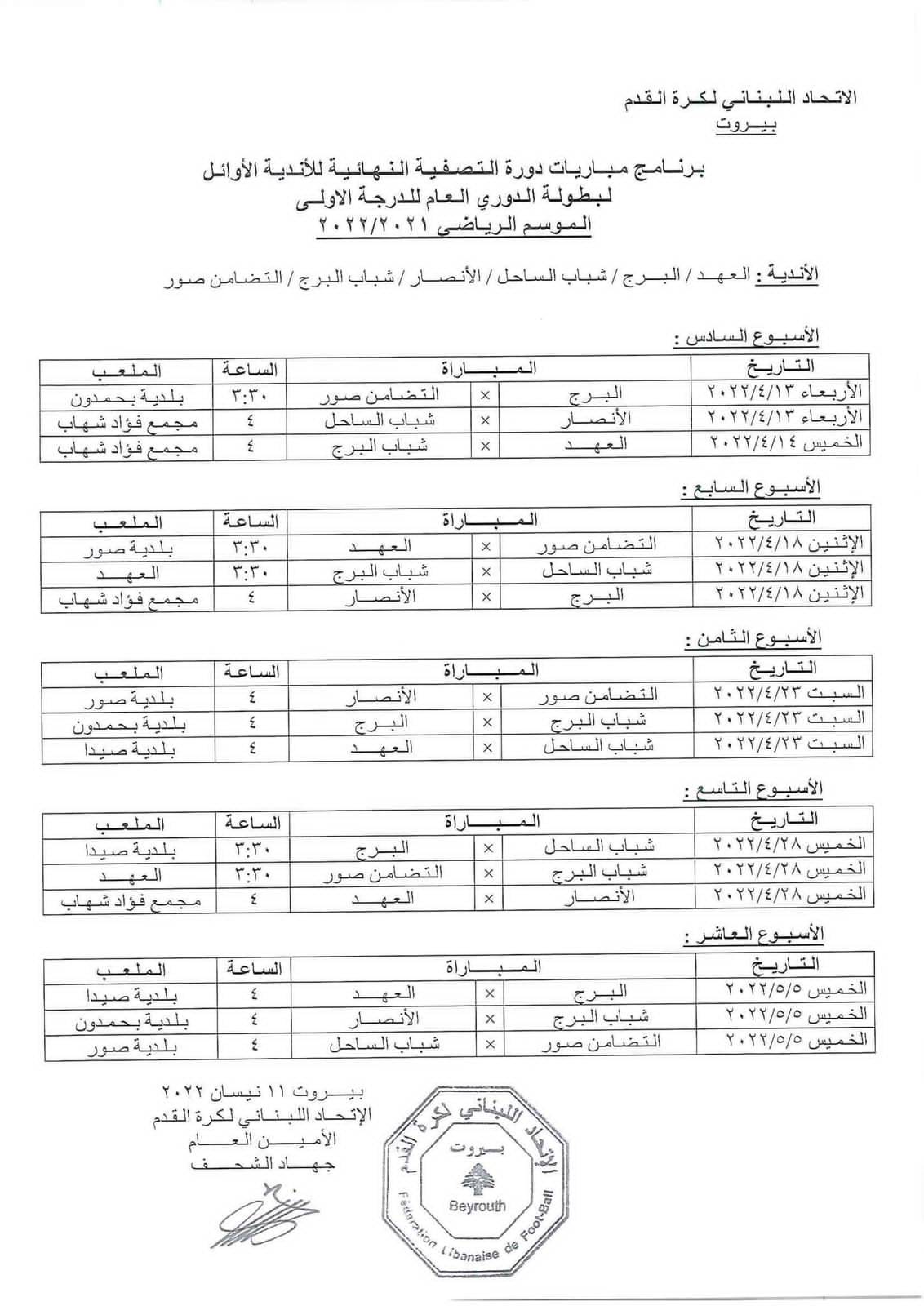 Football Lebanon - جدول مباريات إياب التصفية النهائية للأندية الأوائل