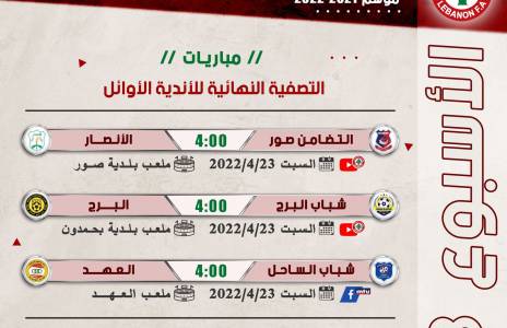 Football Lebanon - جدول مباريات الأسبوع الثامن من التصفية النهائية للأندية الأوائل
