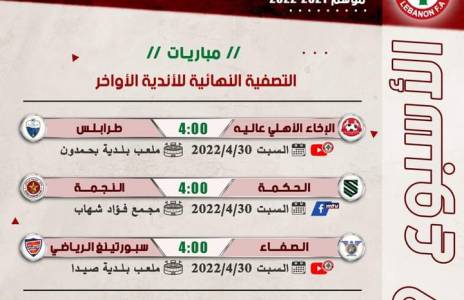 Football Lebanon - جدول مباريات الأسبوع التاسع من التصفية النهائية للأندية الأواخر