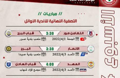 Football Lebanon - جدول مباريات الأسبوع الرابع من التصفية النهائية للأندية الأوائل