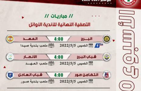 Football Lebanon - جدول مباريات الأسبوع العاشر والأخير من التصفية النهائية للأندية الأوائل