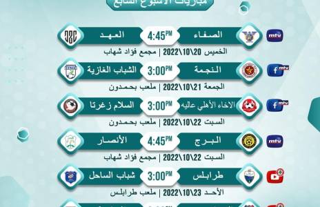 Football Lebanon - مواعيد مباريات الجولة السابعة من دوري الدرجة الأولى