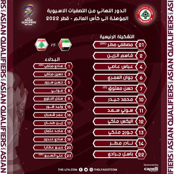 Football Lebanon - تشكيلة منتخبنا الوطني أمام نظيره الإماراتي.