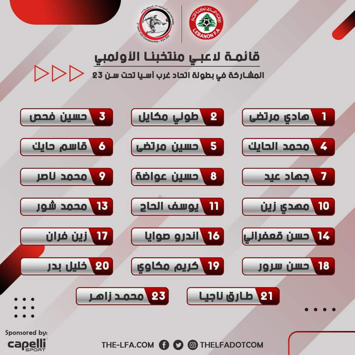 Football Lebanon - قائمة لاعبي منتخبنا الأولمبي المشاركة في بطولة اتحاد غرب آسيا الثانية تحت سن ٢٣ - السعودية ٢٠٢١