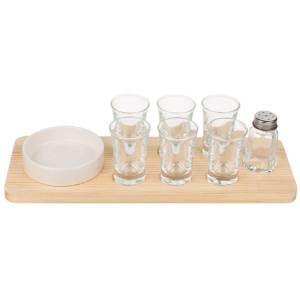 Out Of The Blue Shot Glass Set Of 6 Glasses With 1 Salt Shaker, 1 Stoneware Bowl And 1 Wooden Tray #79/4028.