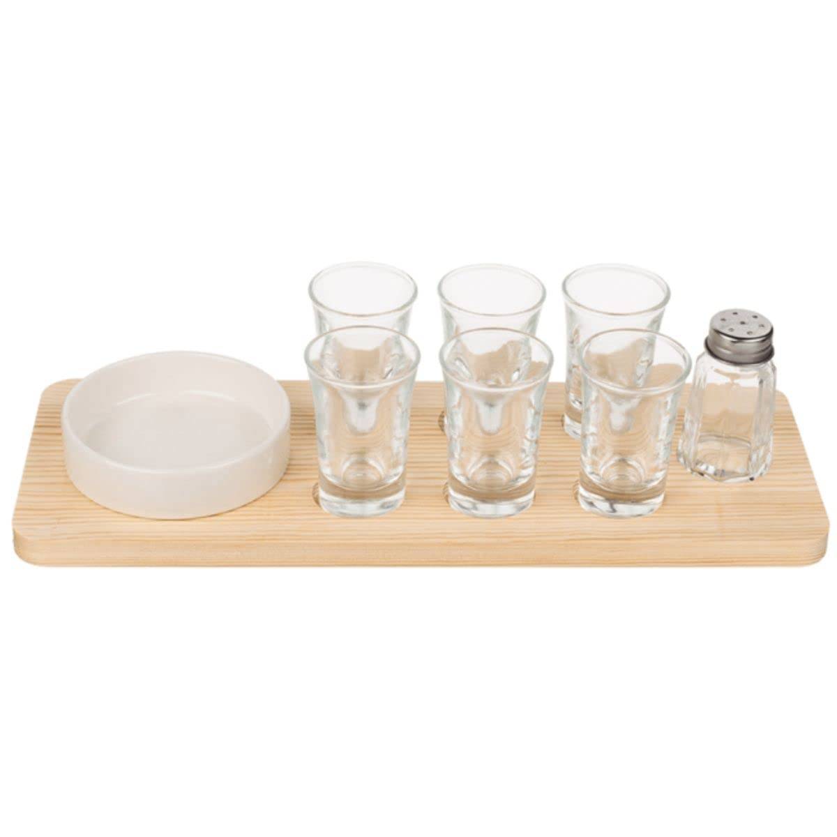 Out Of The Blue Shot Glass Set Of 6 Glasses With 1 Salt Shaker, 1 Stoneware Bowl And 1 Wooden Tray #79/4028.