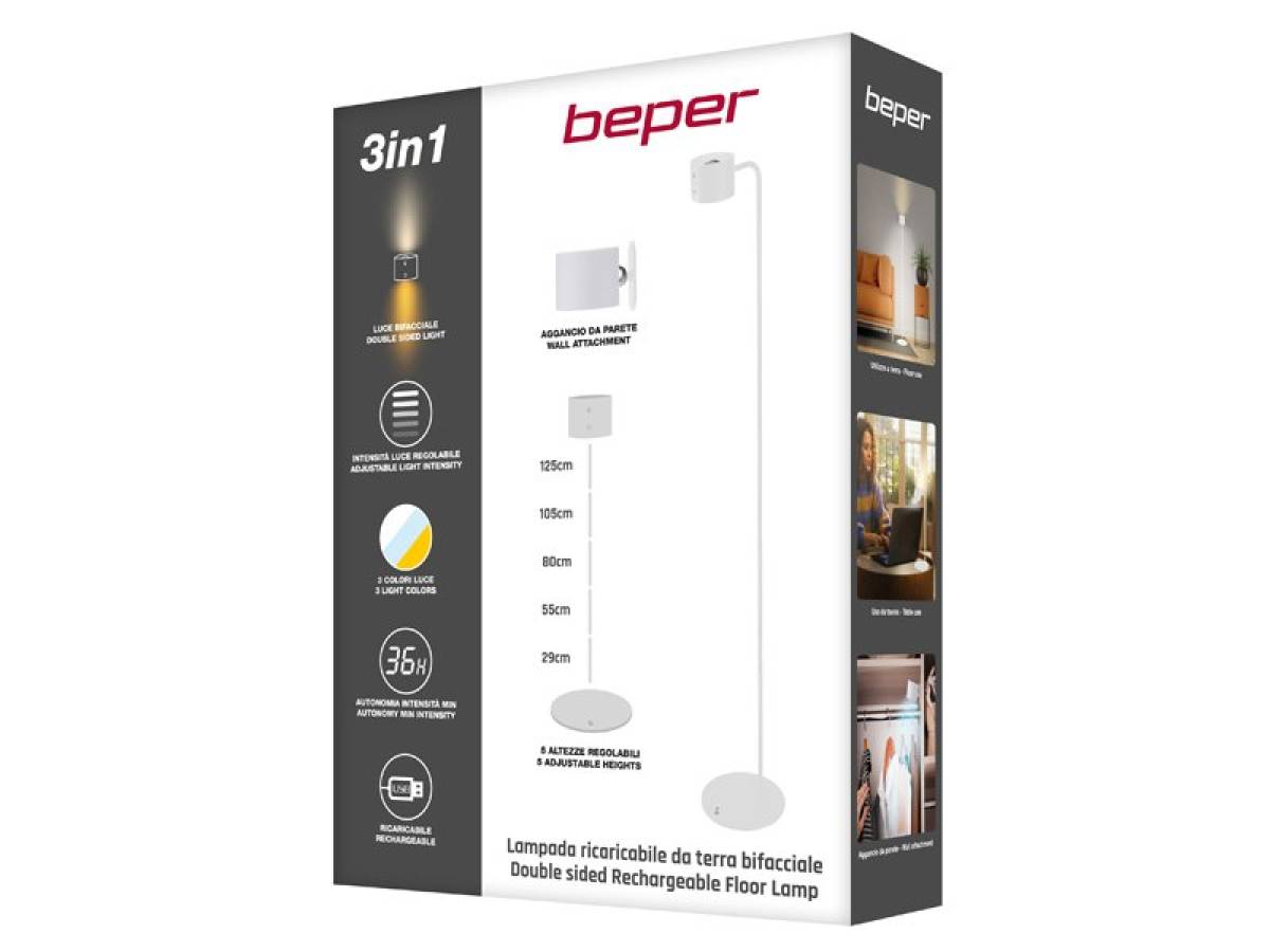 Beper Floor And Table Rechargeable Lamp, Height Adjustable, Wall Accessory, Usb Cable Included, Touch Switch On [white], P201utp305