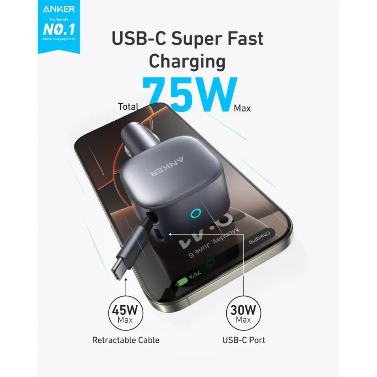 Anker USB-C Car Charger 75W Built-In Retractable Cable