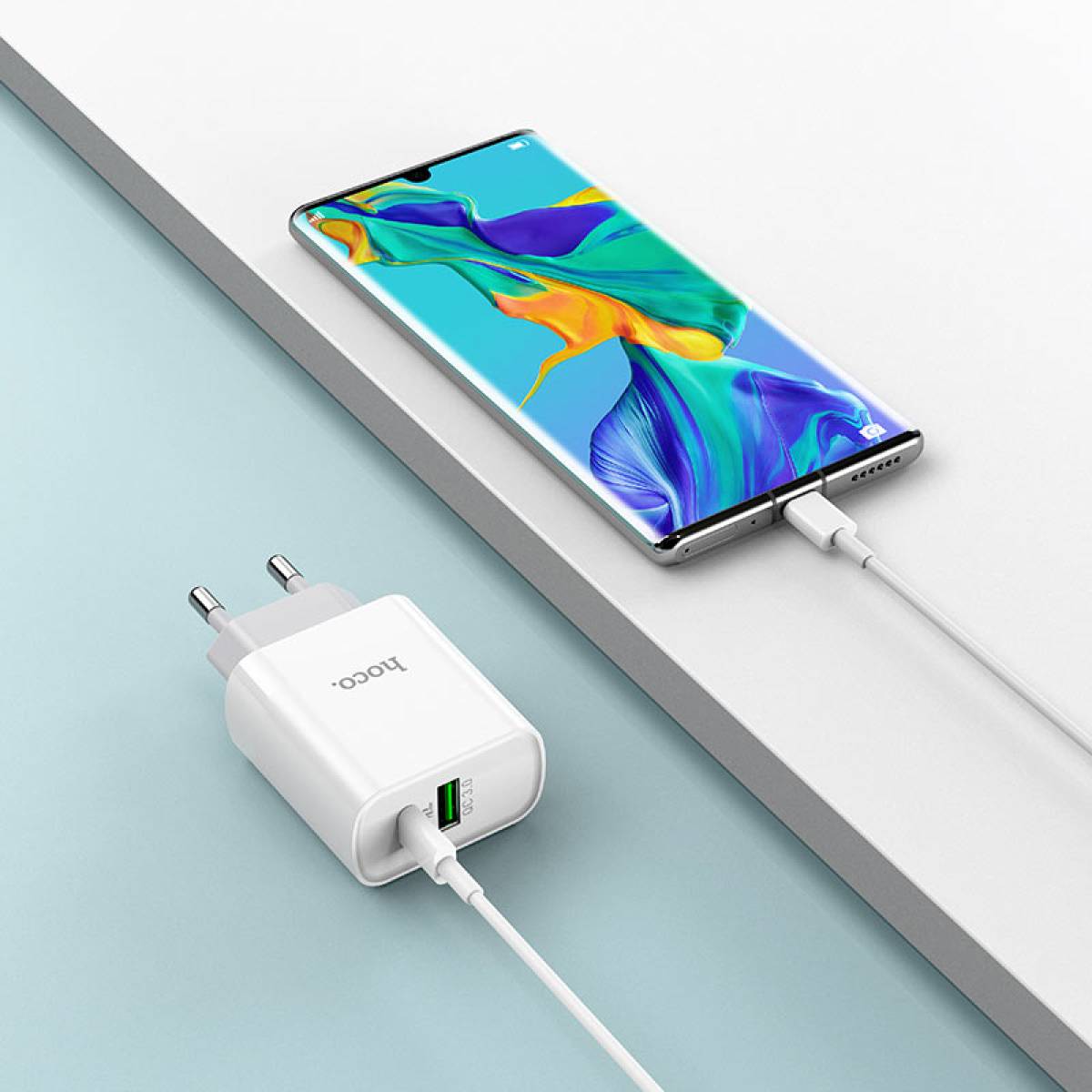 Hoco Wall charger C80A Rapido PD20W + QC3.0 EU set with cable Type-C to Type-C cable.