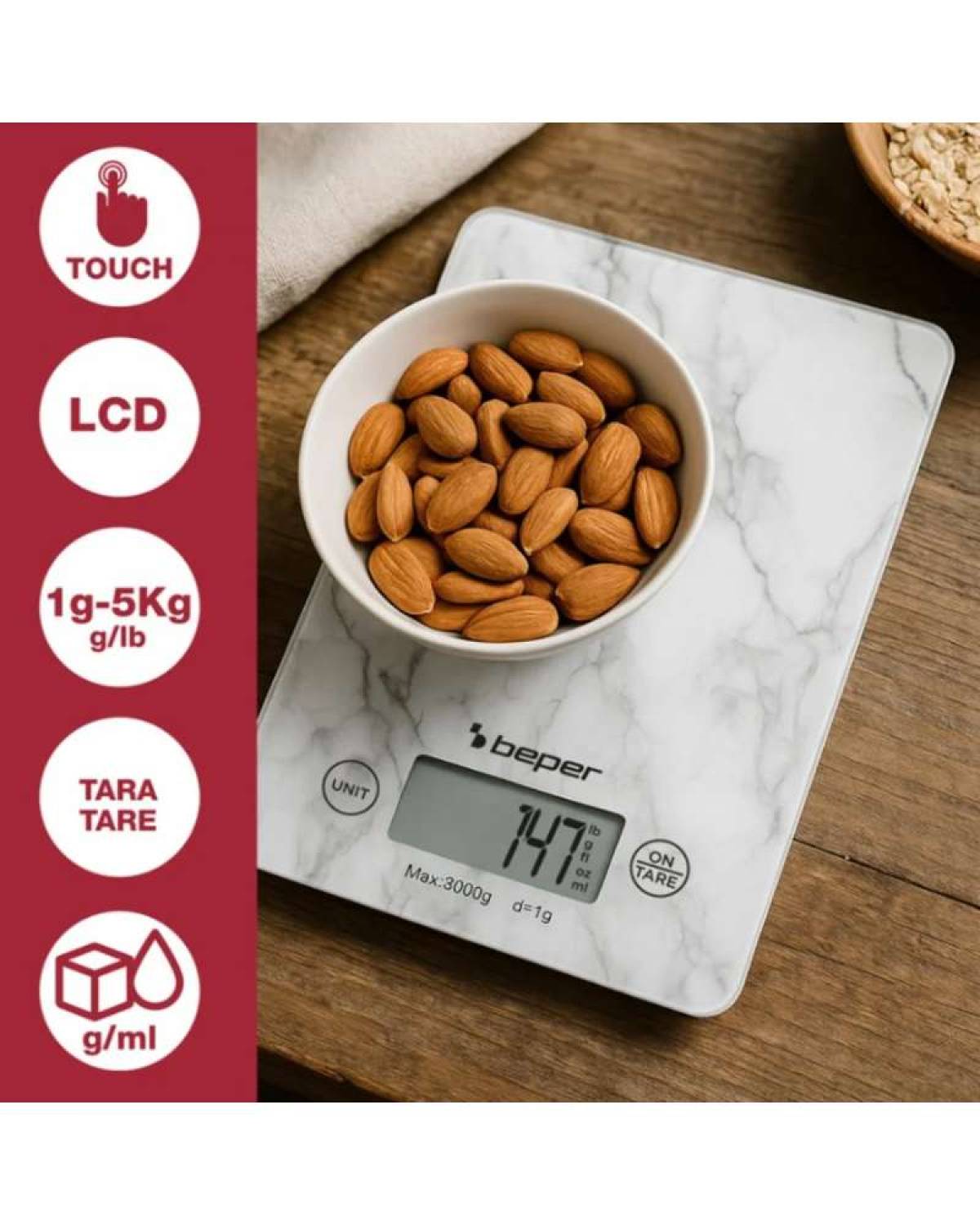 Beper Digital Kitchen Scales Tempered Glass Top Tare Function Lcd Touch Display Accuracy 1g - 5kg Hanging Battery Included White Marble, P102bil004