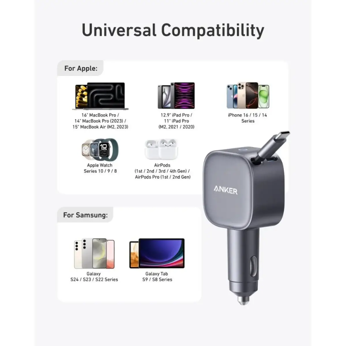 Anker USB-C Car Charger 75W Built-In Retractable Cable