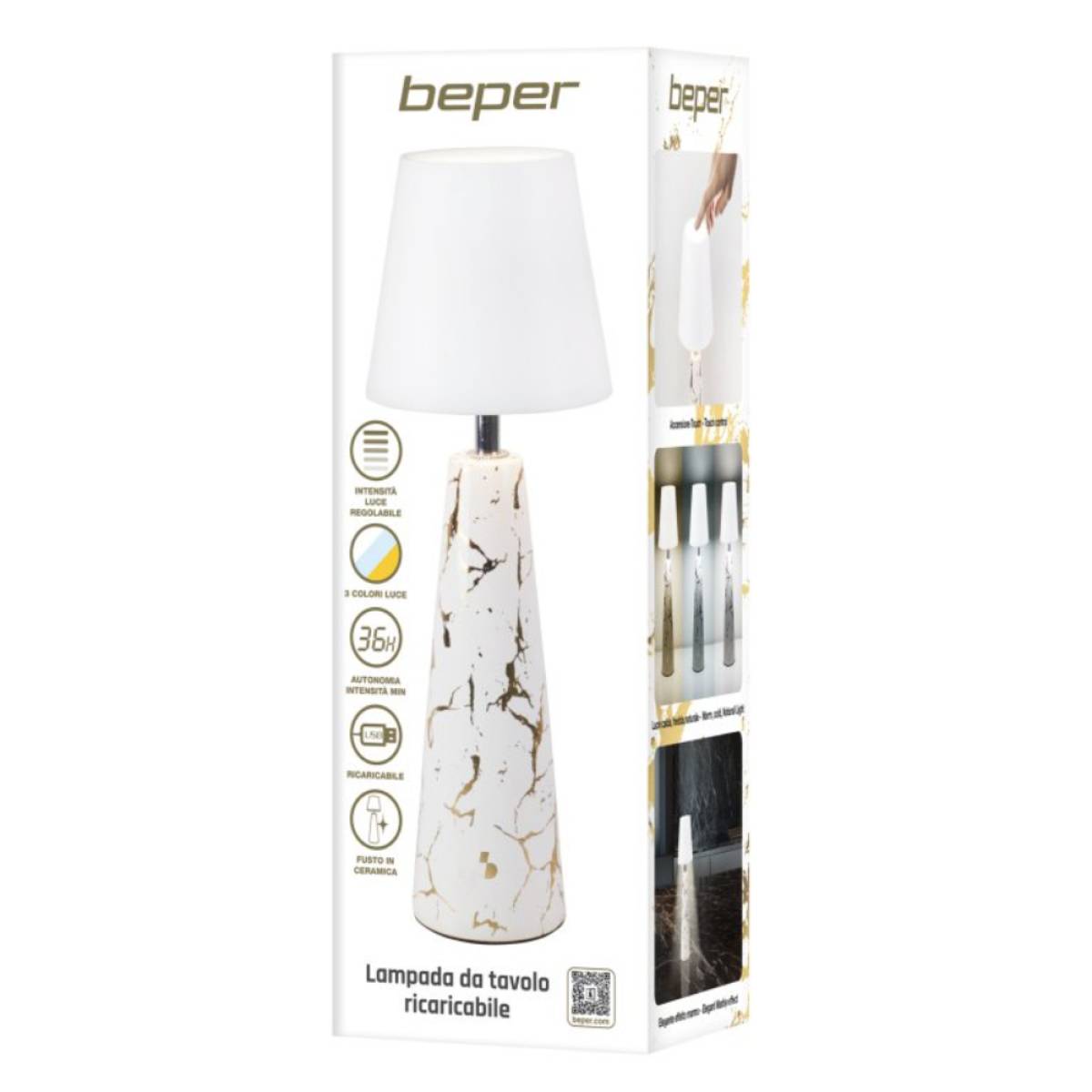 Beper Marble Battery Table Lamp, Marble Ceramic Design With Gold Detail
