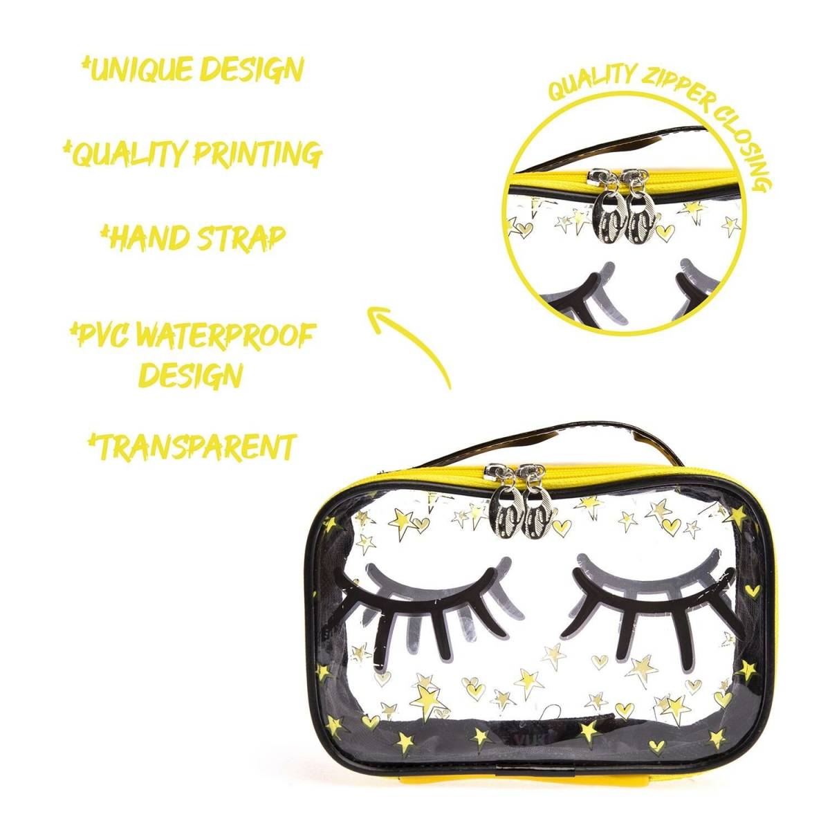 Vuki Transparent Lunch (cosmetic) Bag  21x14x9cm #vk01025 Yellow Eyelashes Design