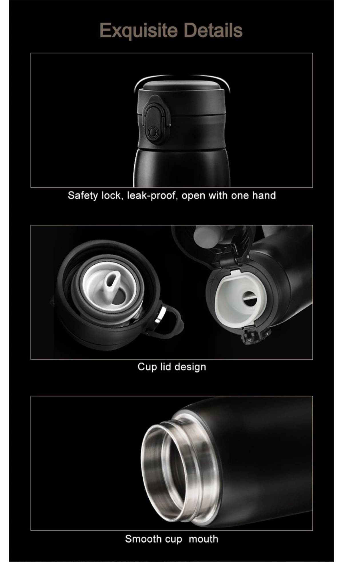 Uzspace Double Wall Stainless Steel Water Bottle Thermos Insulated 480ml #4076 Black.