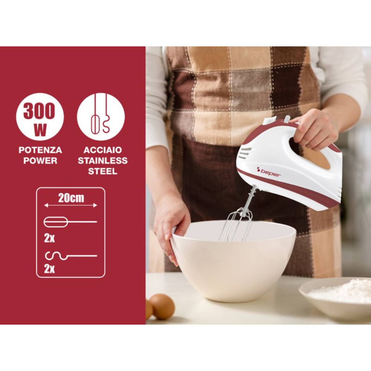 Beper Electric Whisk 300w, 5 Speeds, Turbo Function, 20cm Idel For Soft And Frothy Dough, P102sba101