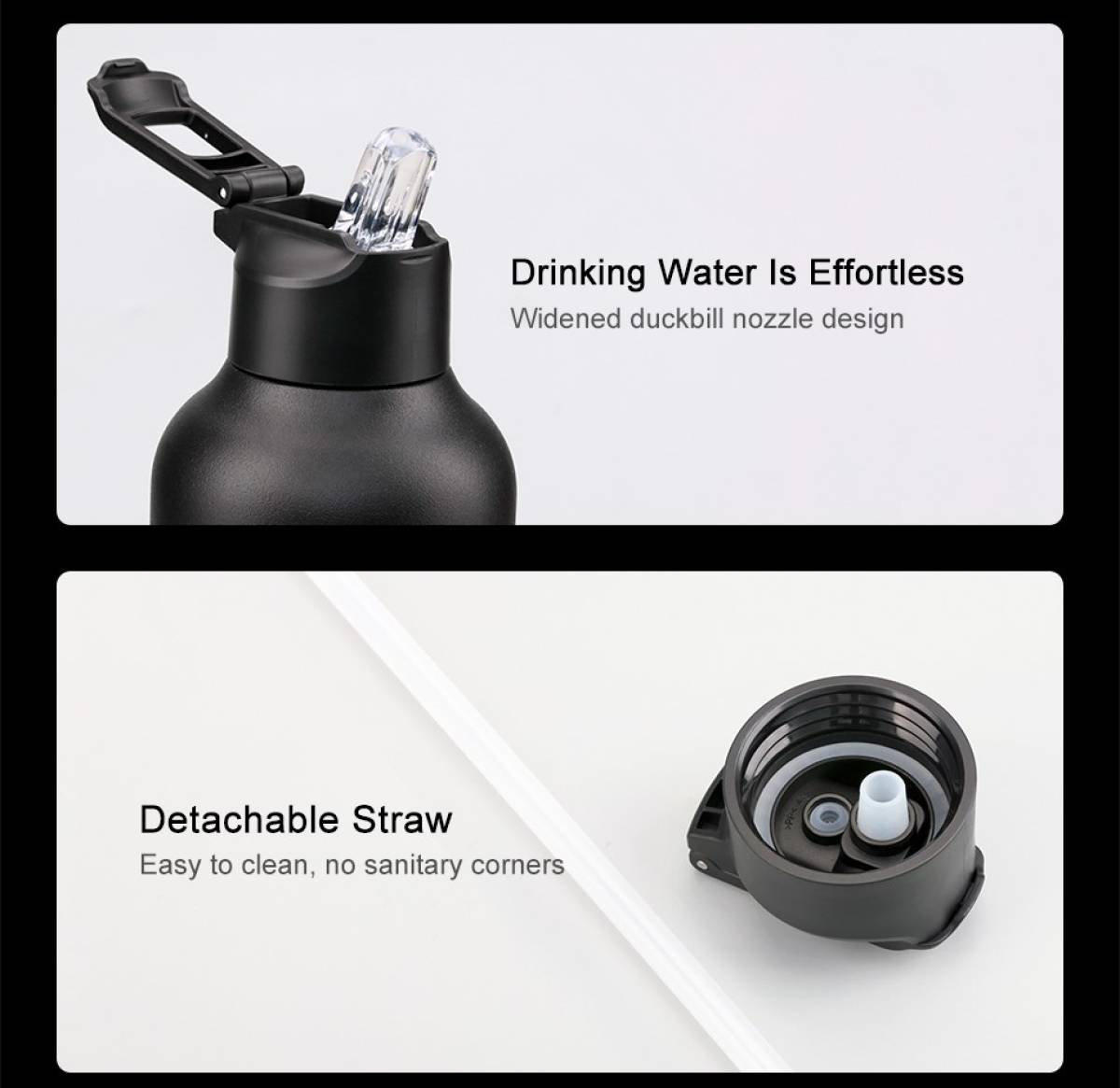 Uzspace Stainless Steel Water Bottle With Straw Lid 1100ml #4206 Black.