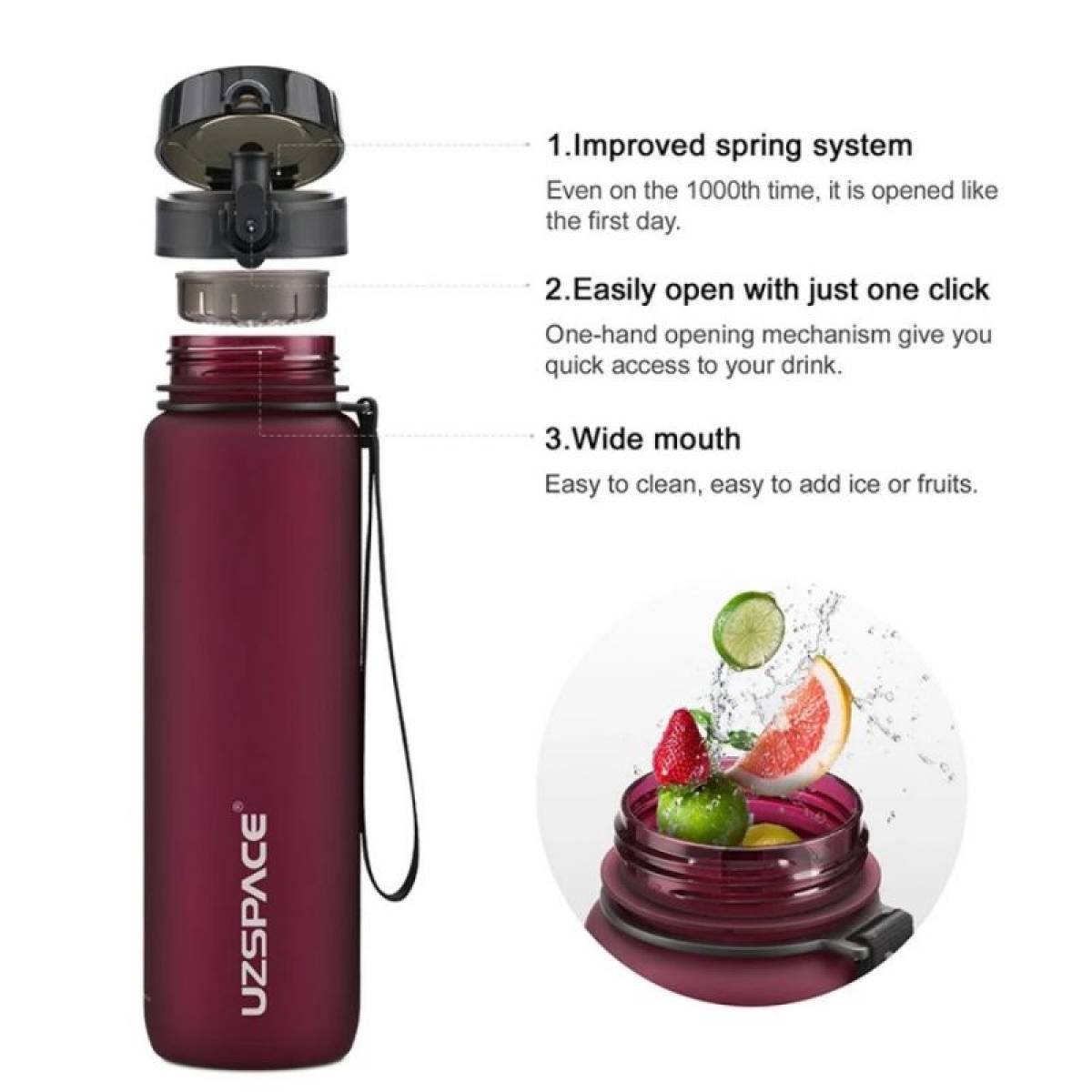 Uzspace Plastic Water Bottle Colorful Frosted 1000ml Tritan Bpa Free #3038 Purplish Red.