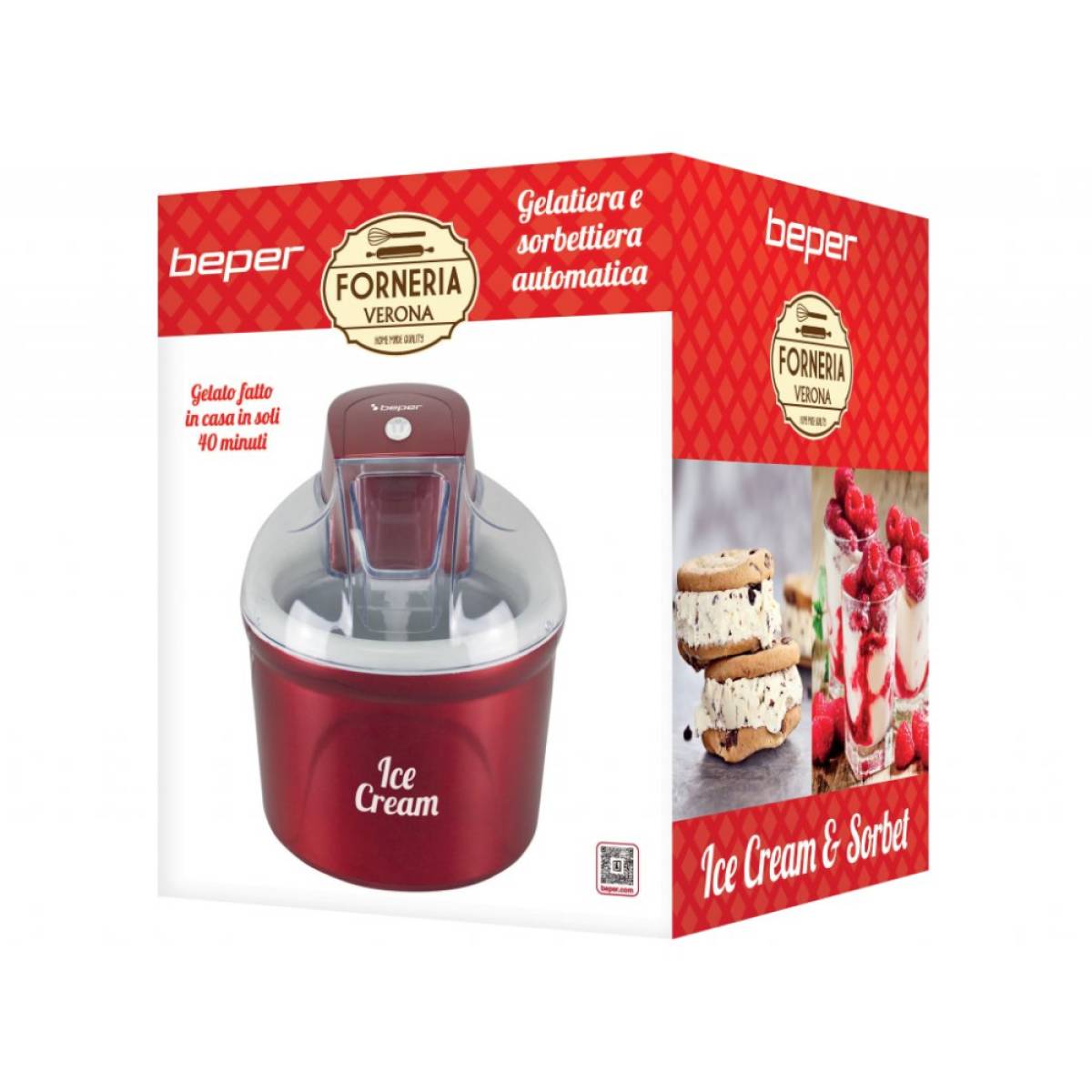 Beper Automatic Ice Cream And Sorbet Maker, 40min, Double Insulated Aluminium Basket, Transparent Lid, P102gel002