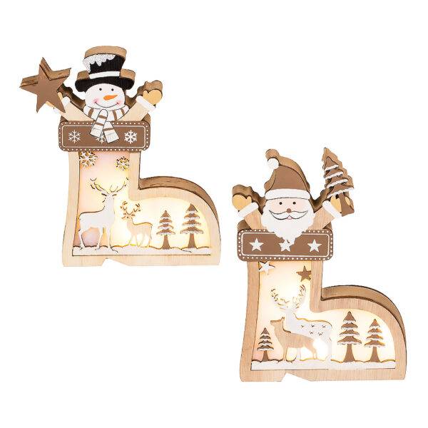 Out Of The Blue, Wooden Christmas Decoration Santa Boot, 14,5x17 Cm, With Warm White Led 950133