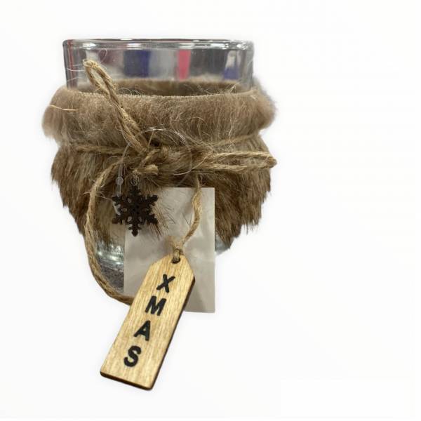 Out Of The Blue, Glass Tealight Holder 7x8cm With Furr Christmas Decoration 960327 Brown