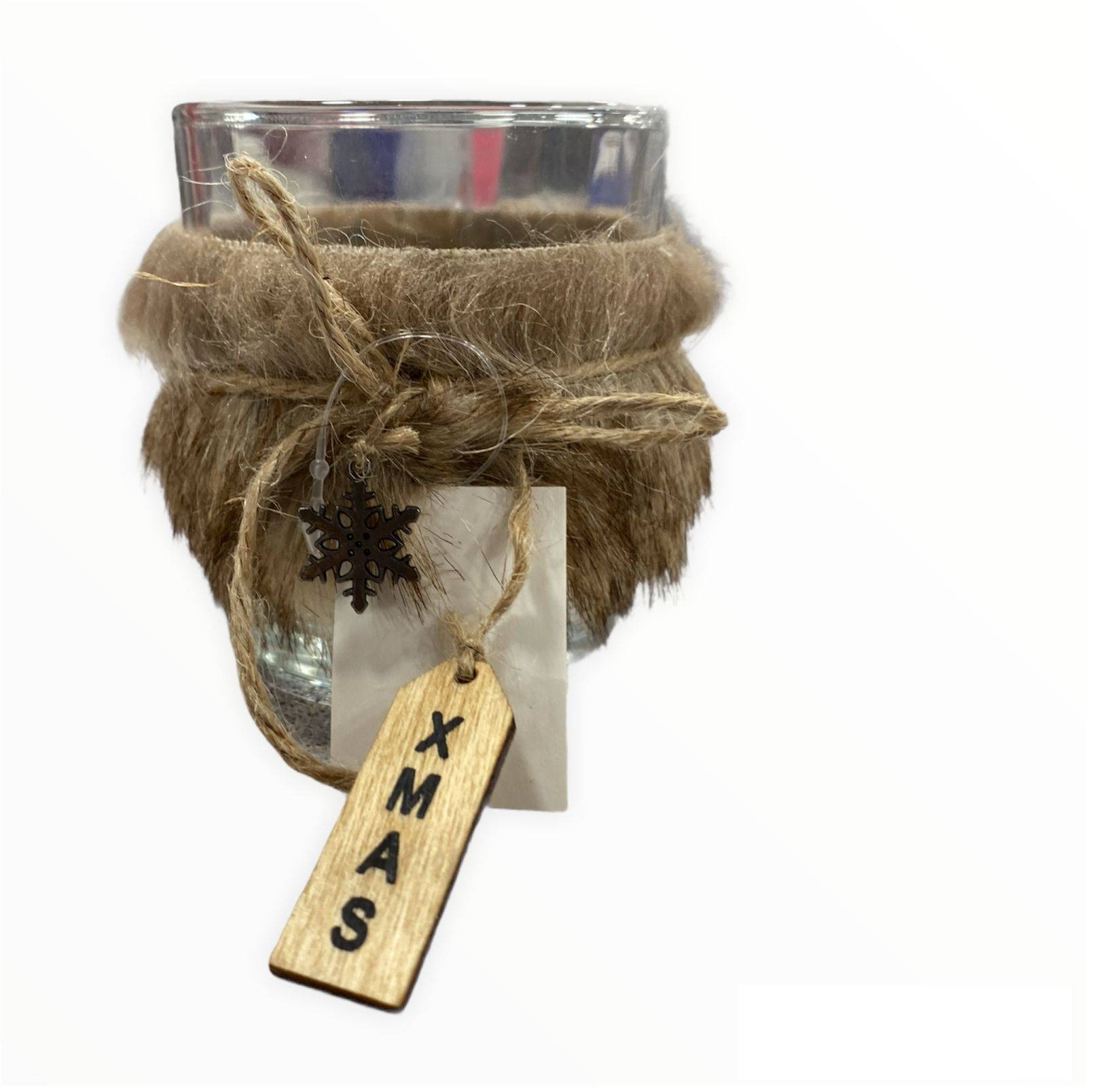Out Of The Blue, Glass Tealight Holder 7x8cm With Furr Christmas Decoration 960327 Brown