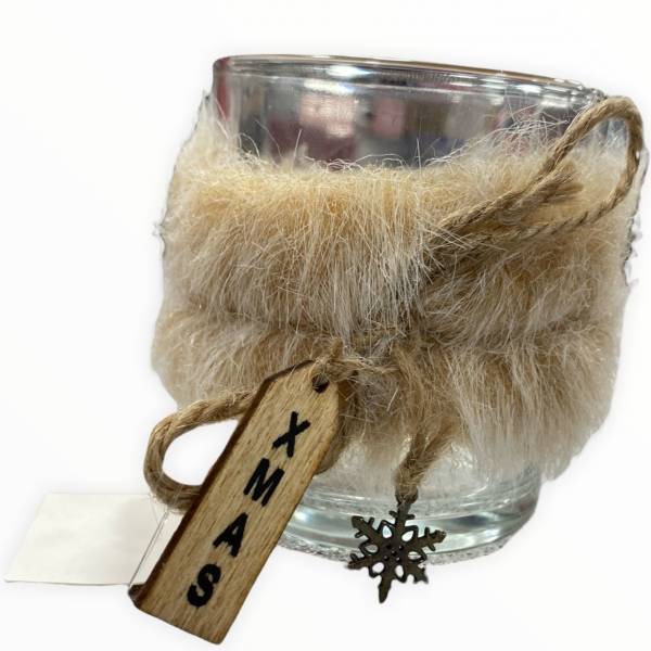Out Of The Blue, Glass Tealight Holder 7x8cm With Furr Christmas Decoration 960327 Beige