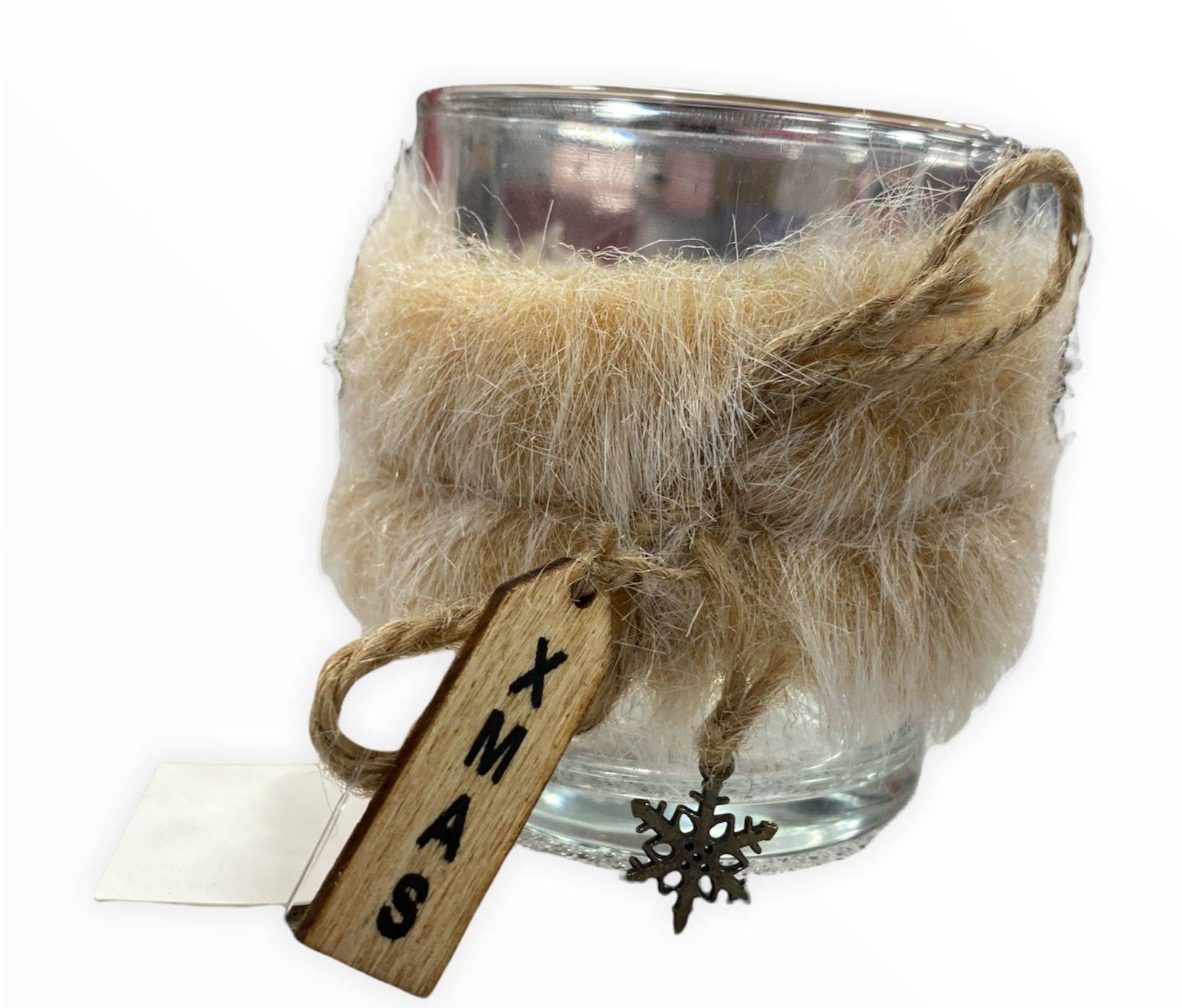 Out Of The Blue, Glass Tealight Holder 7x8cm With Furr Christmas Decoration 960327 Beige