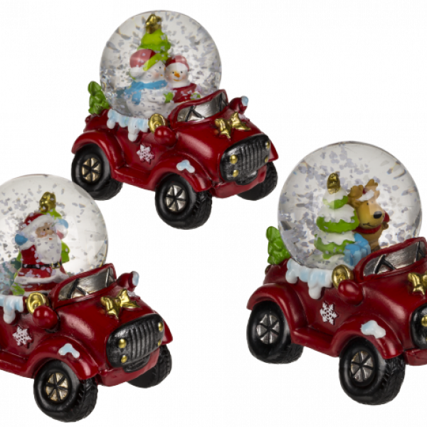 Out Of The Blue, Polyresin Snow Globe 7cmx5cm With Christmas Figurines On Car Base 950143 Red